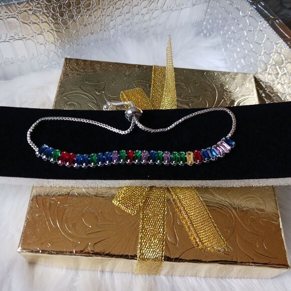 Rainbow Gemstones STERLING Silver Adjustable Bracelet - Picture 5 of 10